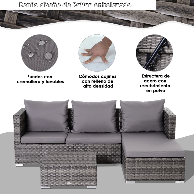 Outsunny Conjunto de Sofás de Ratán 3 Piezas con Chaiselongue y Mesa de Centro Almacenaje Respaldo Ajustable en Altura Alta Comodidad Color Gris
