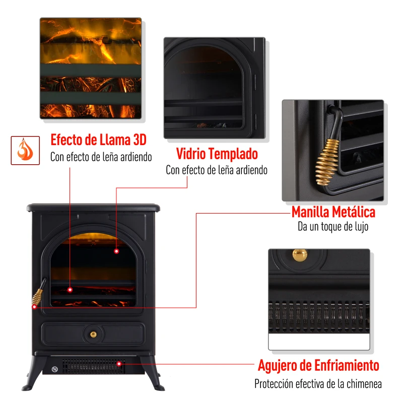 HOMCOM Chimenea Eléctrica Móvil Calefactor Estufa Eléctrica con Termostato 900W/1800W Efecto Fuego LED Temperatura Ajustable 41.5x28x54cm Acero
