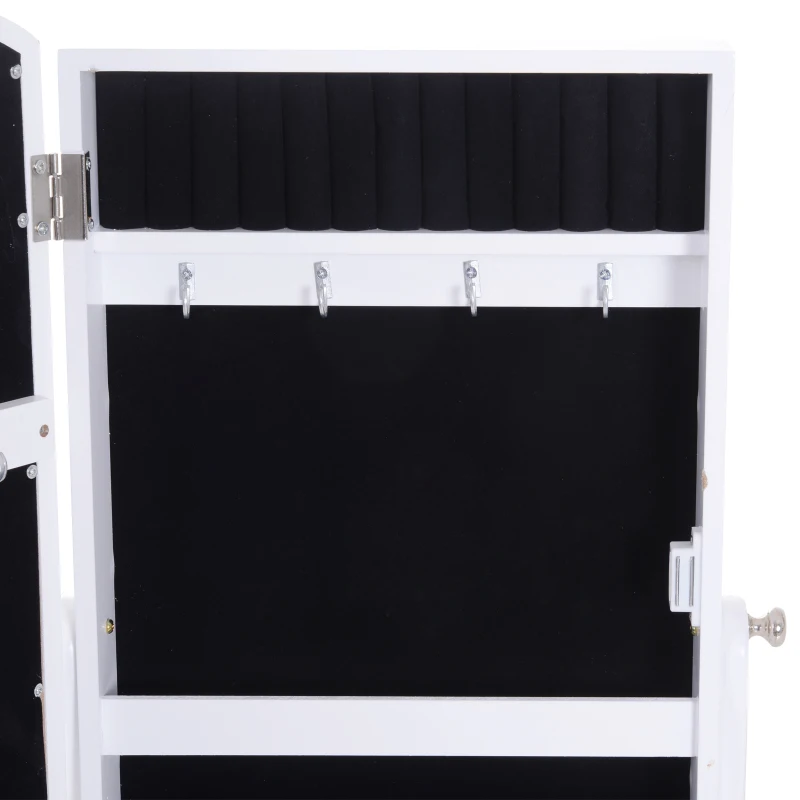 HOMCOM Espejo de Maquillaje con Joyero de Pie Armario para Joyas 14 Luces LED Reclinable Guardajoyas Sobremesa Anillos Pendientes Collares Cerradura Madera 32x29x81cm Blanco