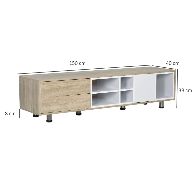 HOMCOM Armario para TV Moderno Soporte de Televisión Estilo Actual con 2 Cajones 4 Estantes 1 Armario con Puerta y 5 Compartimentos Abiertos y Pasacables 150x40x38 cm Blanco y Roble