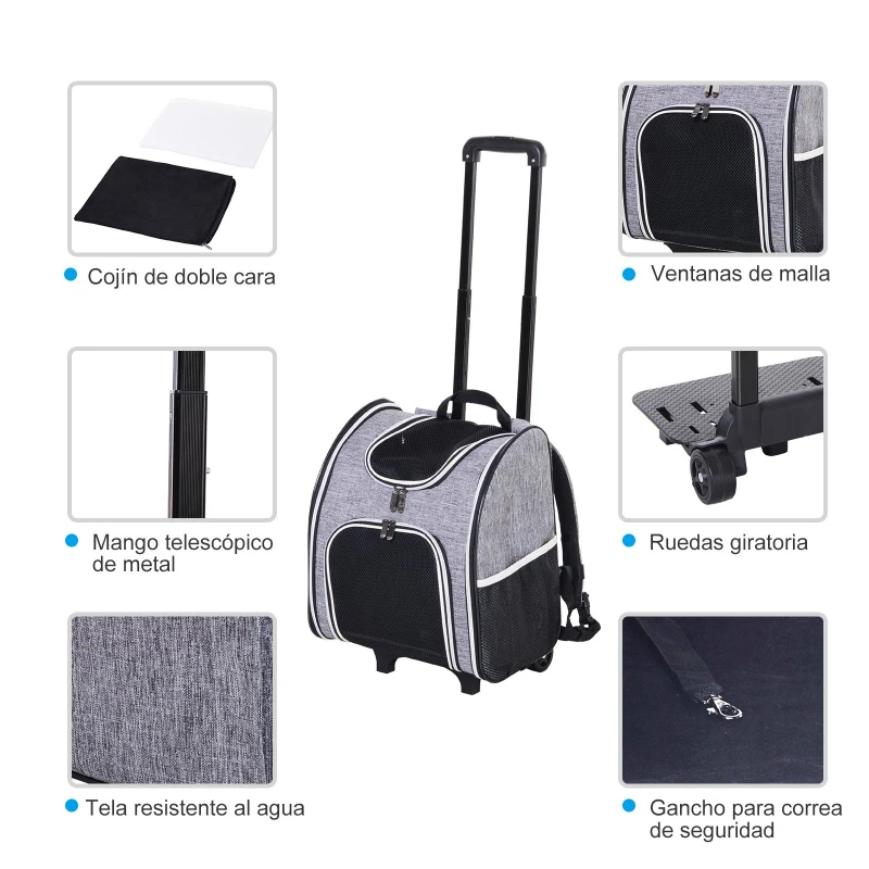 PawHut Transportin Carrito Perro 2 en 1 Mochila Carrito Plegable 35x25x45cm Mascotas Perro Gato