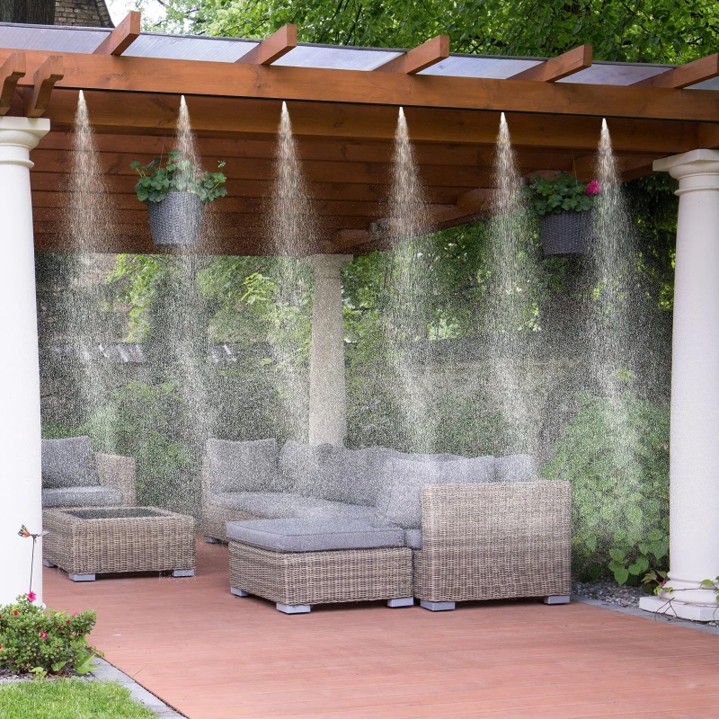 Rociador de Agua para Jardines Sistema de Enfriamiento por Nebulización Diferentes Boquillas Grifo de Latón para Patio al Aire Libre Kit Difusor Negro 12 m