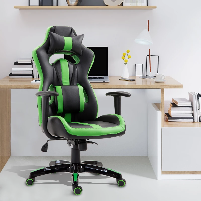 HOMCOM Silla Gaming Profesional Silla de Juego Oficina Ergonómica Estilo Deportivo Giratorio Reposacabezas y Cojín Lumbar Reclinable Altura Ajustable Cuero Sintético PU