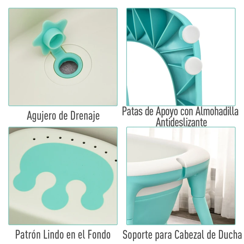 HOMCOM Bañera para Bebé Plegable y Portátil con Recipiente de Champú Palangana y Taburete Set de 4 Piezas de Ducha para 0-3 Años 81,5x60x46,5 cm Verde