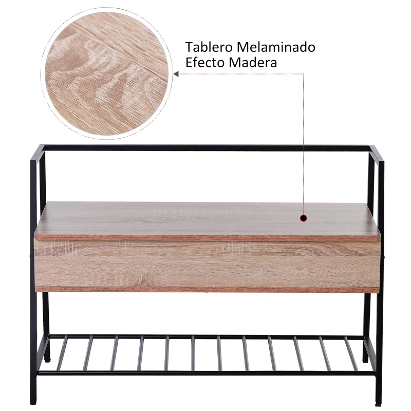 Banco Zapatero para Recibidor con Estante Inferior y Compartimentos para Almacenaje 90x39x61.7 cm Estilo Industrial Color Negro y Roble