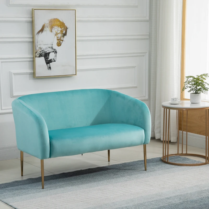 HOMCOM Sofá de 2 Plazas Sofá Doble Moderno con Patas Metálicas Asiento Acolchado Apoyabrazos y Respaldo Curvos para Salón Dormitorio 124x73x76 cm Turquesa Claro