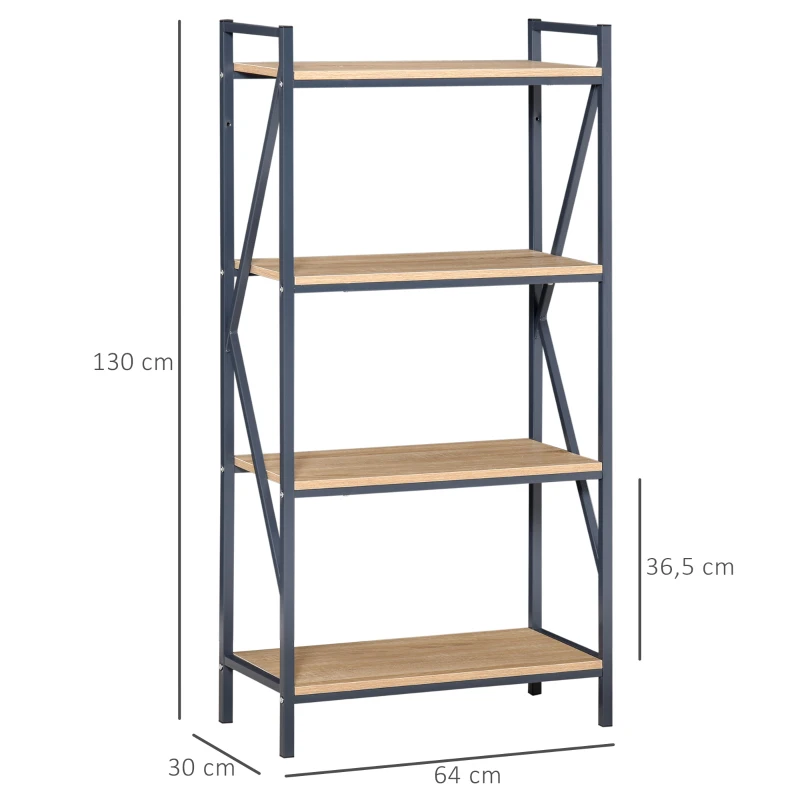 HOMCOM Estantería Librería de 4 Niveles Estante de Almacenaje de Estilo Industrial para Sala de Estar Oficina 64x30x130 cm Color Natural y Azul