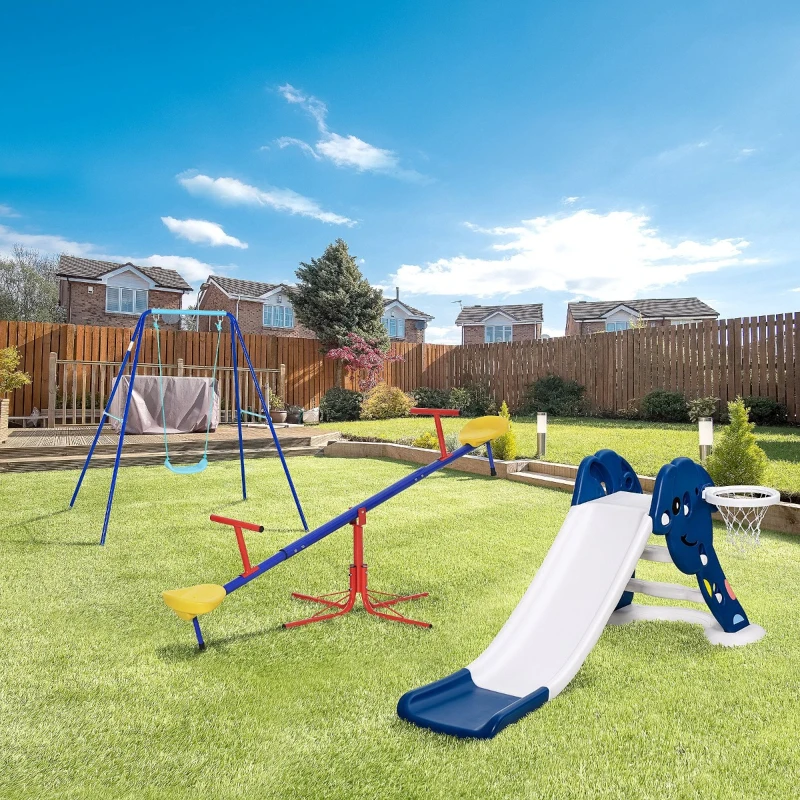 Outsunny Tobogán Infantil Columpio y Balancín Giratorio 360 Grados para Niños de +3 Años con Canasta de Baloncesto Base de 4 Varillas 140x120x170 cm Multicolor