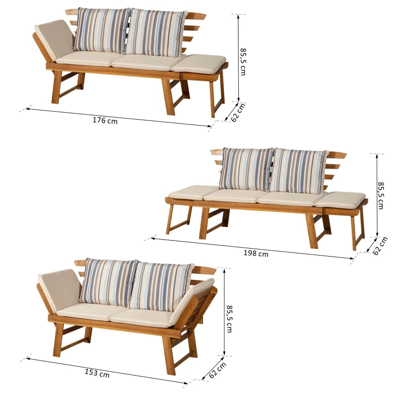 Outsunny Tumbona de Jardín con Cojín Banco para Jardín Convertible en Cama Sofá Madera de Acacia Diván para Exterior Patio Terraza 153x62x85.5cm