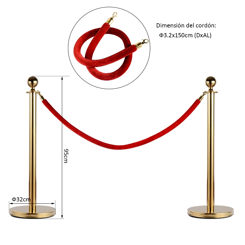 HOMCOM Catenaria para Eventos de Acero Inoxidable con Terciopelo Cordón Rojo 2 Piezas para Hotel Restaurante Bar Ф32xH95CM (Dorado)