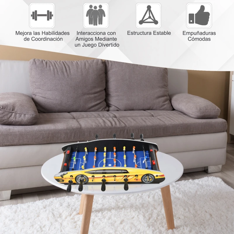 HOMCOM Mesa de Futbolín Mesa de Madera Fútbol para Hogar Oficina Sala de Juegos con Tabla de Puntaje 2 Bolas Coordinación Ojo-mano 61x28,2x11,6 cm Amarillo y Azul