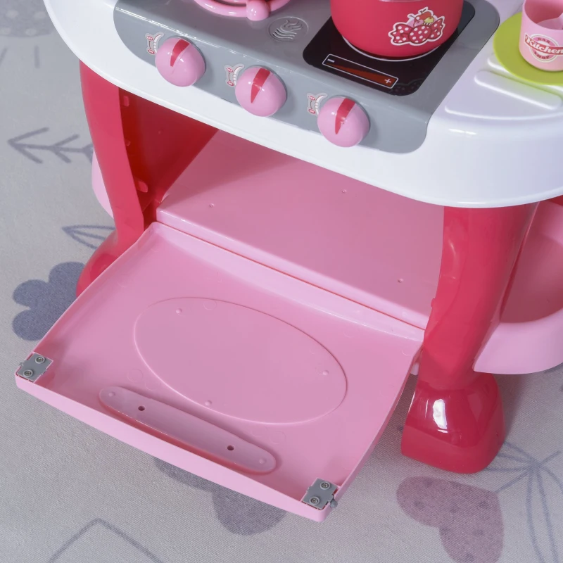 HOMCOM Cocinita de Juguete para Niños de +3 Años Juego de Cocina Infantil Incluye 38 Piezas con Efectos de Luz Sonidos Almacenaje 51x30x73 cm Rosa
