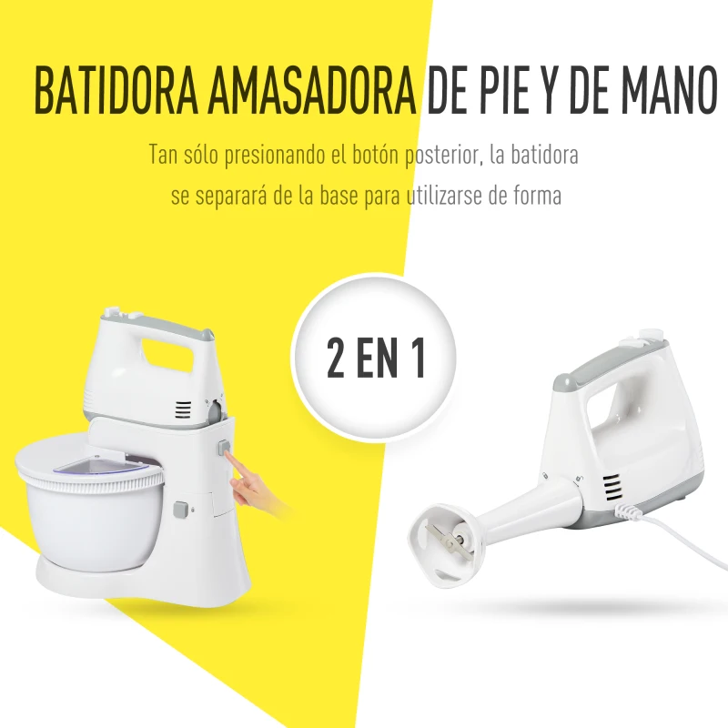 HOMCOM Batidora Amasadora para Repostería Profesional Robot de Cocina Multifuncional 3.4 Litros con 6 Velocidades Incluye 3 cabezales 300 W Acero Inoxidable Blanco