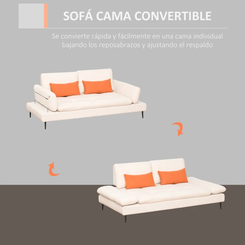 HOMCOM Sofá de 3 Plazas Convertible en Cama Individual con Respaldo Regulable y Reposabrazos Abatible 2 Almohadas Lumbar Acolchado Patas de Metal 213x112x83 cm Beige