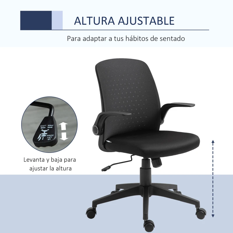 Vinsetto Silla de Oficina Ergonómica Silla Escritorio Giratoria para Adolescentes Ajustable en Altura con Reposabrazos Abatible Soporte Lumbar y Respaldo Transpirable Ligera 57x61x93-102 cm Negro
