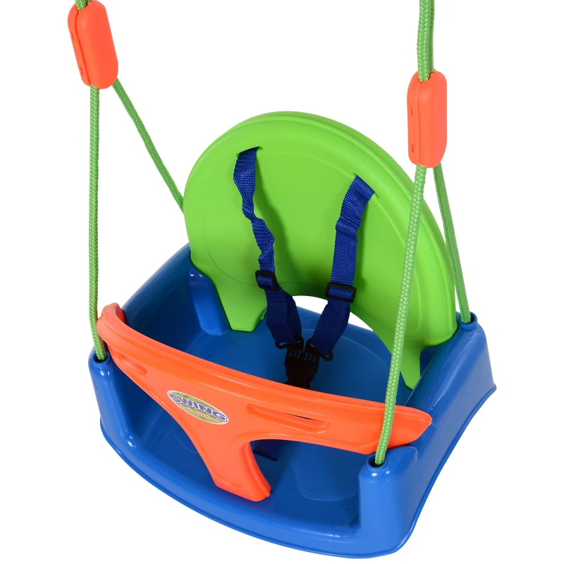 Columpio Infantil para Bebés con Cinturón Respaldo Alto y Barrera de Seguridad con Cuerdas Carga 25kg 39.5x28x125 cm Verde Azul Naranja