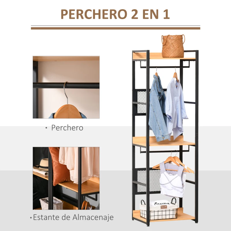 HOMCOM Perchero de Entrada 2 en 1 con 3 Estantes de Almacenaje y 2 Barras Colgar Ropa para Pasillo Dormitorio Sala de Estar 60x40x190 cm Negro Madera Natural