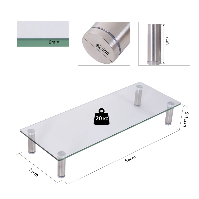 Vinsetto Soporte para Monitor Altura Ajustable Elevador de Pantalla para Portátil Ordenador Vidrio Acero Inox 56x21x9-11cm Carga 20kg