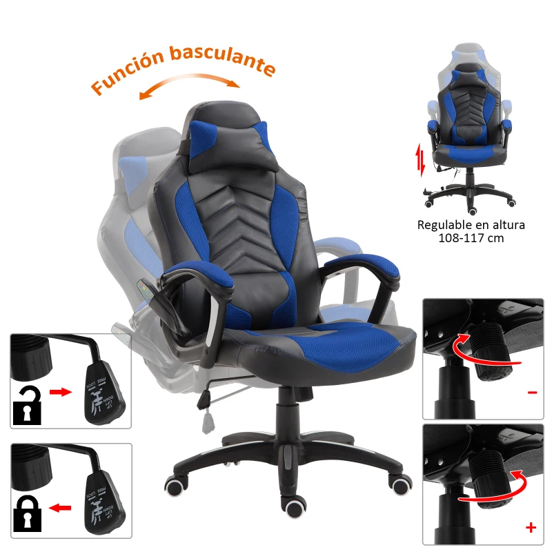 HomCom® Silla de Oficina Gaming con 6 Puntos de Masaje y Calefacción 2 Almohadas con Mando a Distancia 68x69x108-117cm Negro y Azul