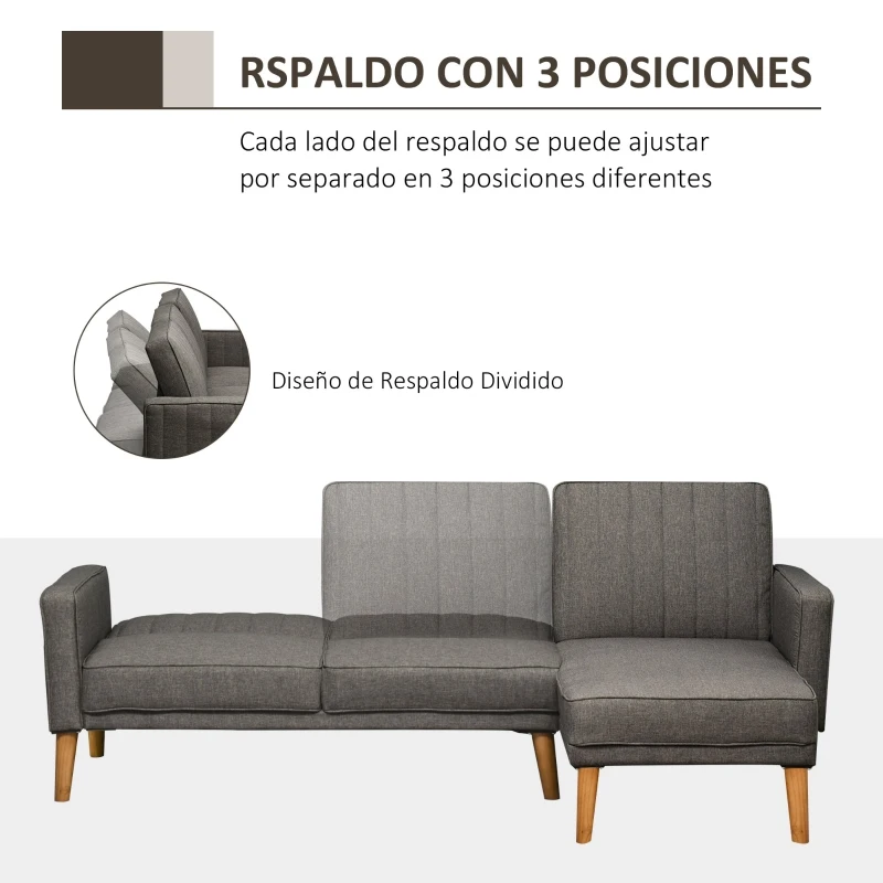 HOMCOM Sofá Cama en Forma de L Tapizada con Chaise Longue Derecho y Respaldos Ajustables por Separado en 3 Posiciones 216x139x80 cm Gris