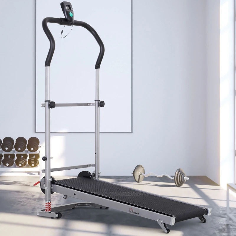 HOMCOM Cinta de Andar Manual Caminadora Plegable Portátil Pantalla LCD 2 Ángulos Reclinables Carga 110kg Altura 112-129cm