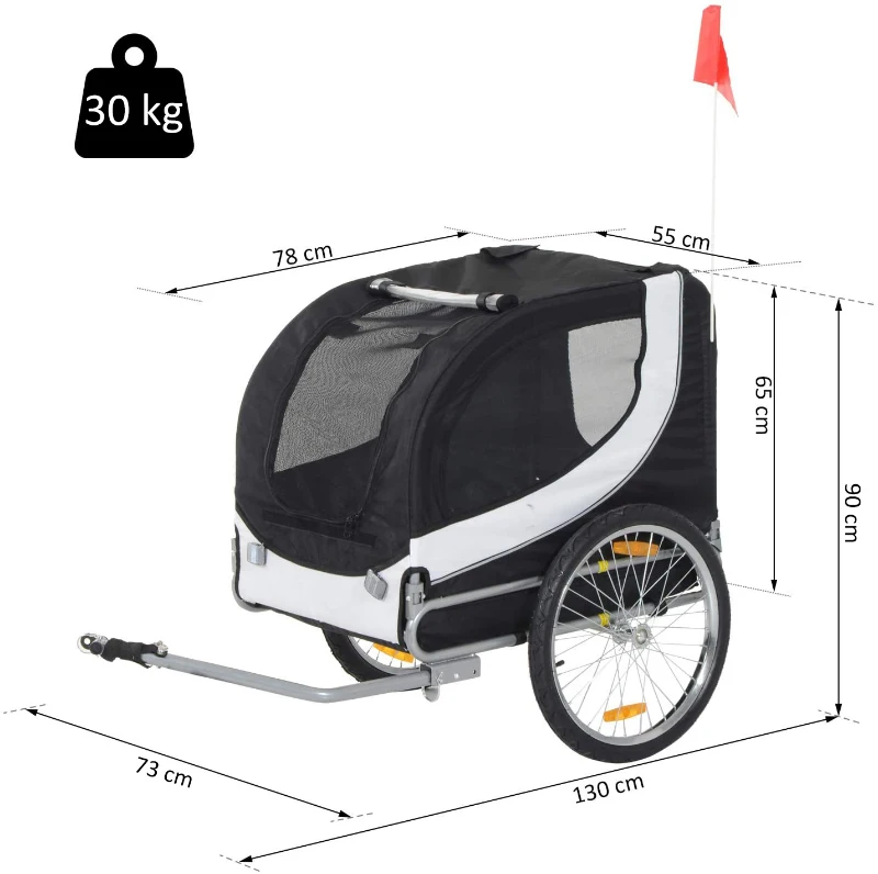 PawHut Remolque Bicicleta Perros Mascota 1 Bandera 6 Reflectores Remolque Bici Blanco y Negro