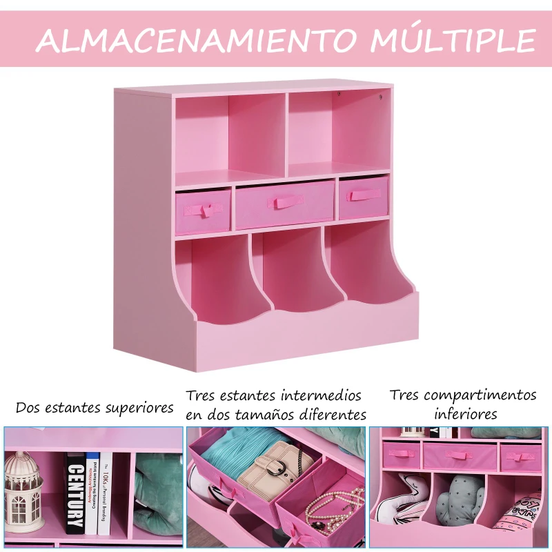 HOMCOM Estante Organizador para Juguetes Libros Estantería de Almacenamiento Habitación Infantil de 3 Niveles 8 Cajas