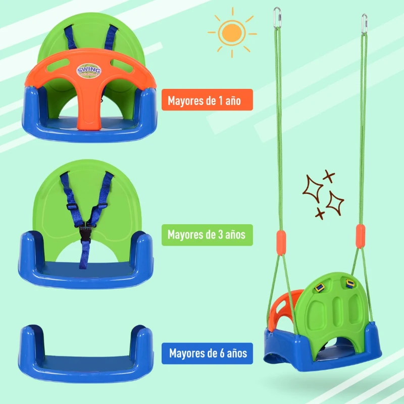 Columpio Infantil para Bebés con Cinturón Respaldo Alto y Barrera de Seguridad con Cuerdas Carga 25kg 39.5x28x125 cm Verde Azul Naranja