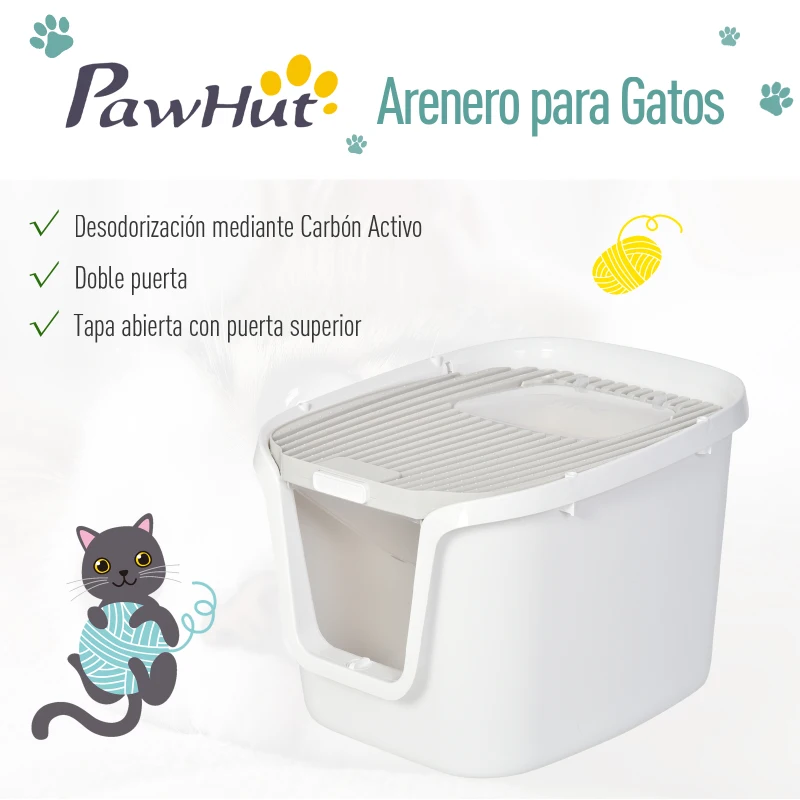 PawHut Caja de Arena para Gatos con Diseño de Doble Puerta Arenero Caja Desodorizante de Carbón Activado Pala Equipada Amplio Espacio 55,5x44,5x38,3 cm Blanco