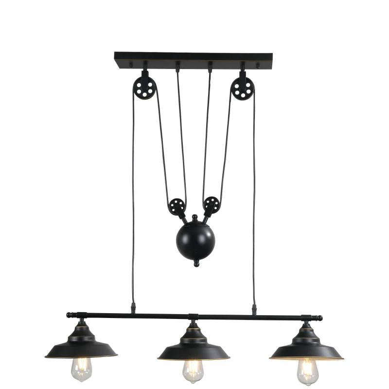 HOMCOM Lámpara Colgante de Estilo Industrial Lámpara de Techo Retro con Poleas Bola de Contrapeso Altura Ajustable 3 Portalámparas Convencionales 90x22x89-180 cm Negro