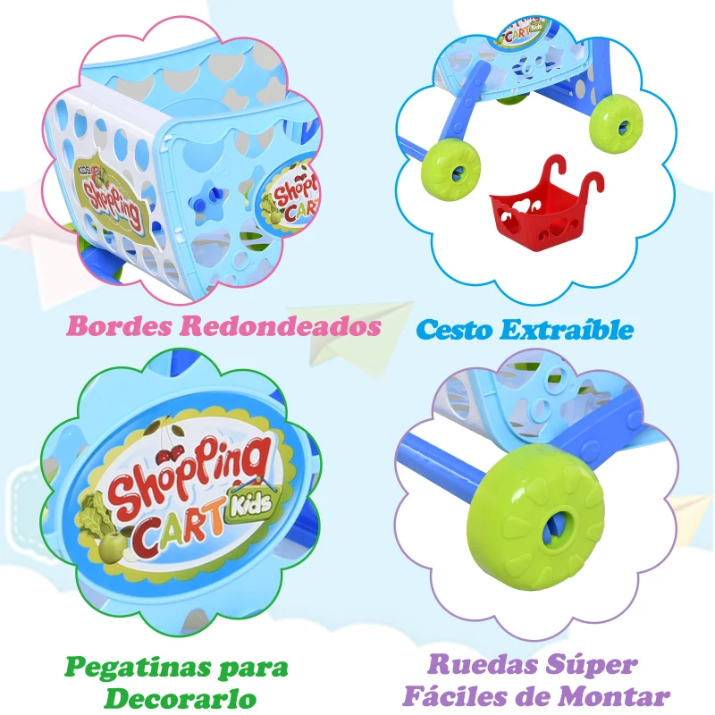 HOMCOM Set de Carrito de Compras para Niños Mayores de 3 Años Juego de Roles Educativo Juguete Infantil con 38 Piezas 41,5x33,5x48,5 cm Azul