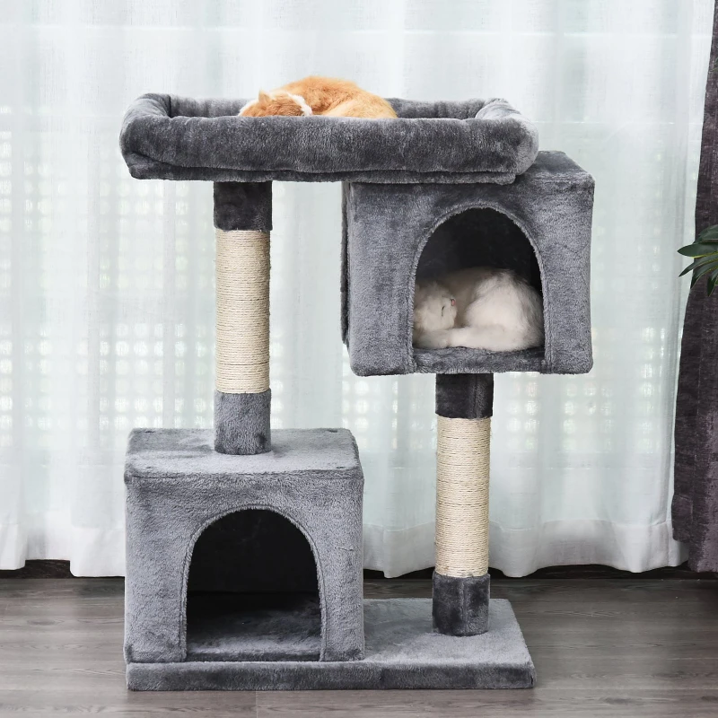 PawHut Árbol Rascador para Gatos Centro de Actividades para Mascotas con 2 Cajas Plataforma Cubierto de Felpa Suave Postes de Sisal Ecológico 60x40x86 cm Gris