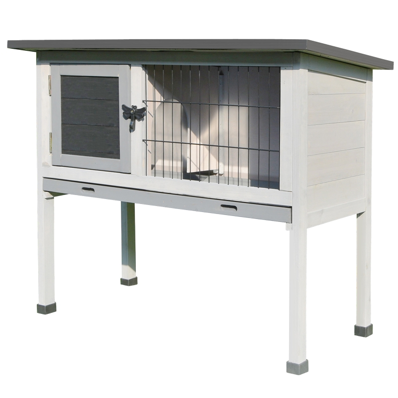 PawHut Conejera de Madera Caseta Exterior Refugio para Mascotas Pequeñas Conejos Cobayas con Bandeja Extraíble y Techo Asfáltico 86x45x70 cm Gris y Negro