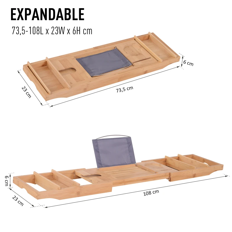 kleankin Bandeja de Baño Bañera de Bambú Extensible con Jabonera Toallero Soporte para Copa de Vino Soporte de Tableta Teléfono Libros 73.5-108x23x6cm