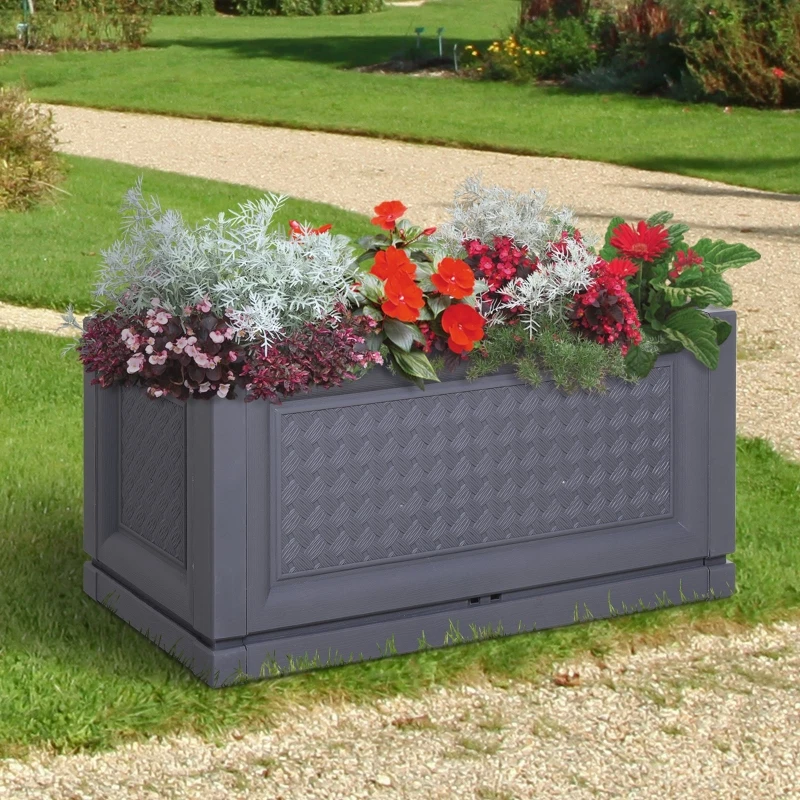 Outsunny Jardinera Plástica Maceta para Flores Rectangular con Agujeros de Drenaje y Profundidad Extra 60x30x29 cm Color: Gris