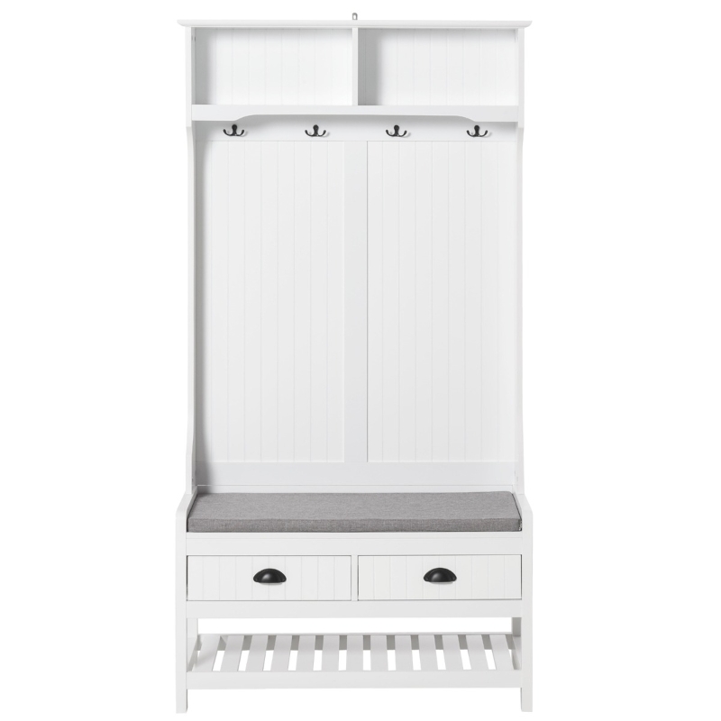 HOMCOM Perchero Zapatero con Banco 4 Ganchos 2 Compartimentos Abiertos 2 Cajones Extraíbles y Estante Inferior Moderno para Recibidor Entrada 87x42x172 cm Blanco