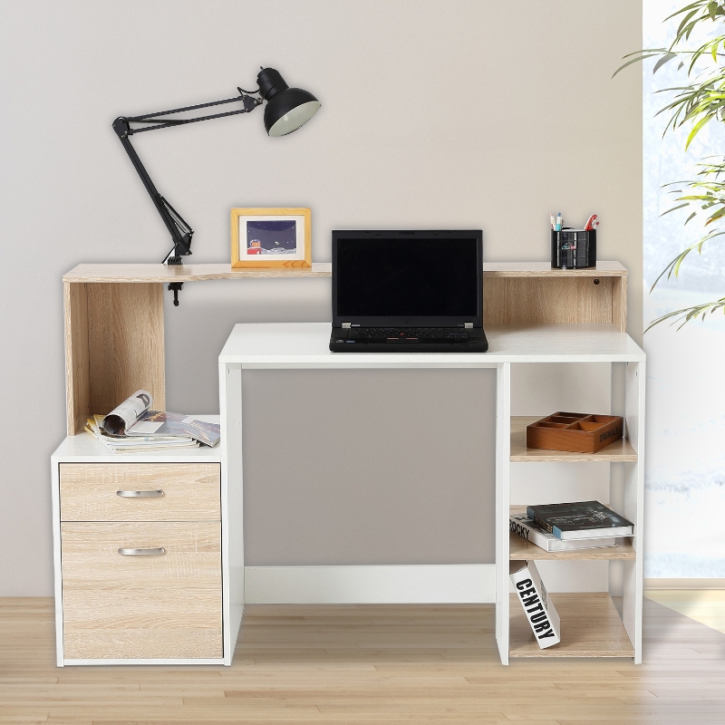 HOMCOM Mesa de Ordenador PC 137x55x92cm Despacho Escritorio Oficina Escuela Estanteria Madera 2 Colores (Roble+Blanco)