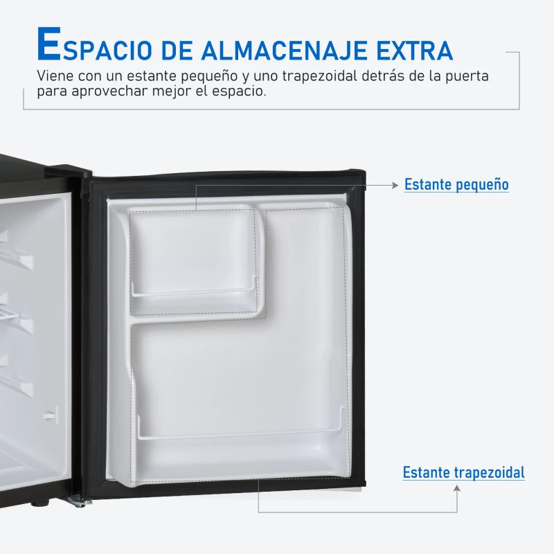 HOMCOM Mini Frigorífico Mini Bar Volumen 50 L Mini Nevera con Estante Extraíble Ajustable LED Ruido Mínimo de Eficiencia Energética 43x48x51 cm Negro