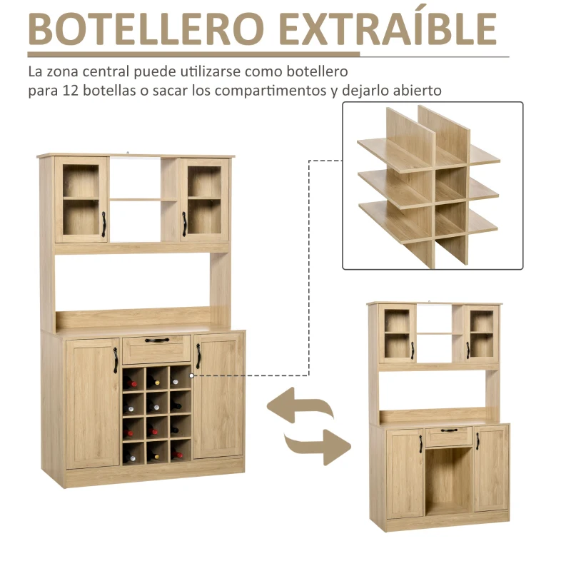 HOMCOM Alacena de Cocina Aparador Comedor para Microondas con Botellero Cajón 2 Estantes Abiertos y 4 Armarios con Puerta 106x48x180 cm Roble