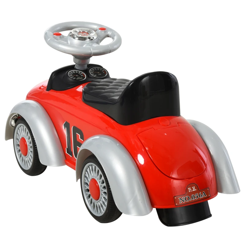 HOMCOM Coche para Bebés Mayores de 12 Meses Correpasillos para Niños en Forma de Vehículo Vintage con Sonidos y Bocina Espacio de Almacenaje 70x28,5x37 cm Rojo
