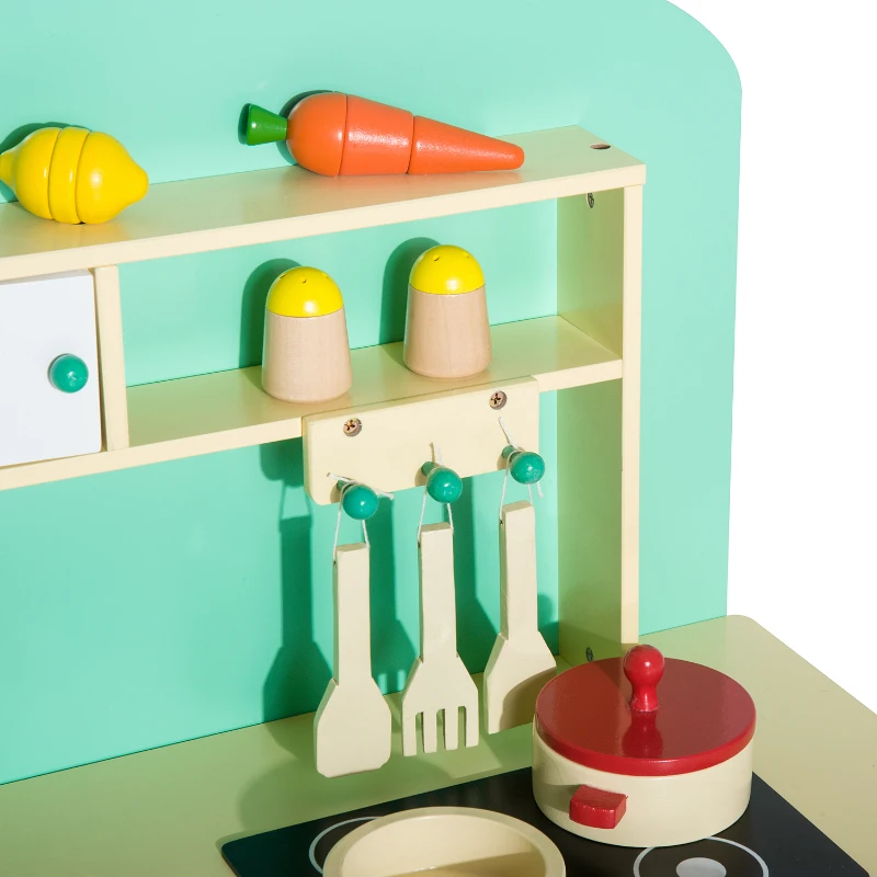 HOMCOM Cocinita de Juguete de Madera con 12 Accesorios 70x30x88cm para Niños + 3 Años Color Verde