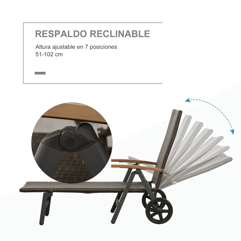 Outsunny Tumbona de Jardín de Ratán 192x74x55 cm con Respaldo Reclinable en 7 Posiciones Reposabrazos y Ruedas Marco de Aluminio para Patio Terraza Balcón Marrón