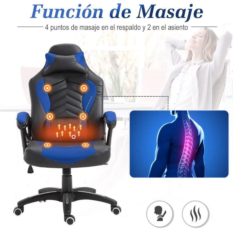 HomCom® Silla de Oficina Gaming con 6 Puntos de Masaje y Calefacción 2 Almohadas con Mando a Distancia 68x69x108-117cm Negro y Azul