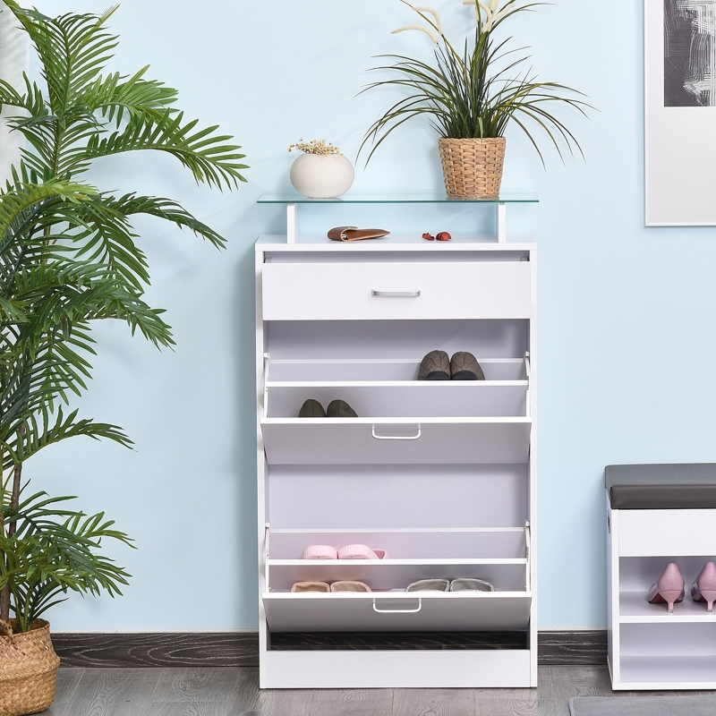 HOMCOM Mueble para Zapatos Multifuncional Zapatero con 3 Cajones Estante de Vidrio Asa de Aluminio Carga 50 kg 60x24x105,5 cm Blanco
