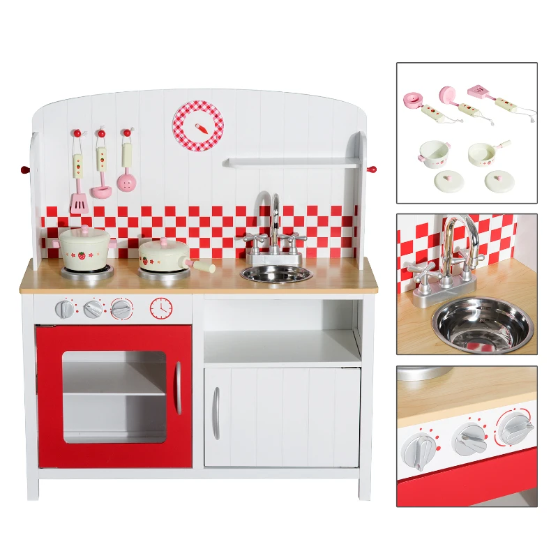 HOMCOM Cocina de Juguete Grande de Madera tipo Juego de Imitación con Accesorios para Niños +3 Años 70x30x88cm