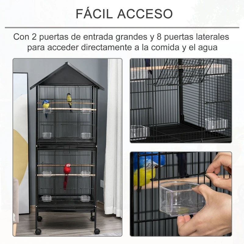 PawHut Jaula para Pájaros Grande de 2 Pisos Convertible en Sola Jaula con Ruedas 8 Comederos 4 Perchas y Bandejas Extraíbles para Canarios Loros 71,5x72x170 cm Negro