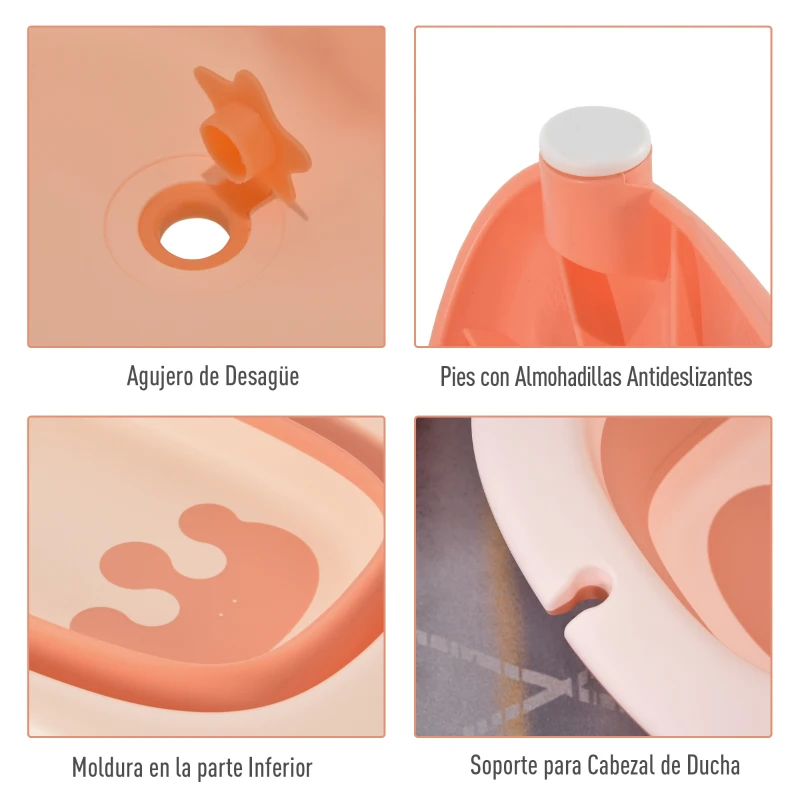 HOMCOM Bañera para Bebé Plegable 3 en 1 Juego de Ducha para 0-3 Años Portátil Bañera Lavabo Taza de Champú Ergonómico con Base Antideslizante 84,5x50,5x24 cm Salmón