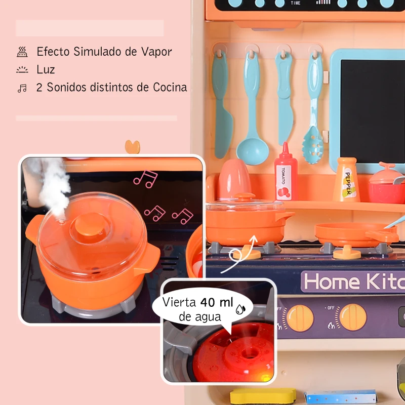 HOMCOM Cocinita para Niños con Luces Música Absoluta Funciones de Agua Cocina de Juguete Infantil 65 Piezas Alimentos Cubiertos +3 Años 71x28,5x93,5 cm Azul