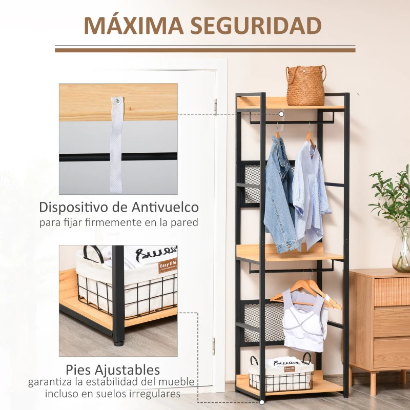 HOMCOM Perchero de Entrada 2 en 1 con 3 Estantes de Almacenaje y 2 Barras Colgar Ropa para Pasillo Dormitorio Sala de Estar 60x40x190 cm Negro Madera Natural