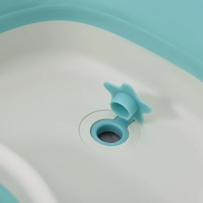 HOMCOM Bañera para Bebé Plegable 3 en 1 Juego de Ducha para 0-3 Años Portátil Bañera Lavabo Taza de Champú Ergonómico con Base Antideslizante 84,5x50,5x24 cm Turquesa